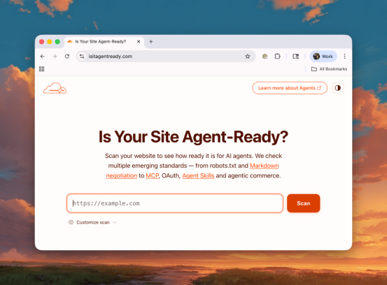 Cloudflare's 'Is Your Site Agent-Ready?' web page with a URL input field and a Scan button, offering to check a site against emerging agent standards such as robots.txt, MCP, OAuth, and Agent Skills.