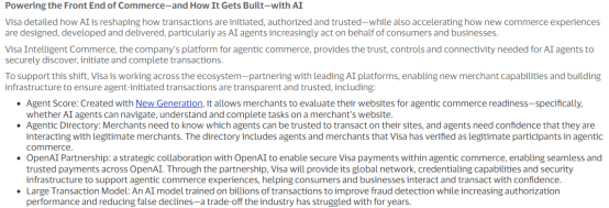 Visa announcement text describing Agent Score, an Agentic Directory, an OpenAI partnership, and a Large Transaction Model for verifying and securing agent-initiated commerce transactions.