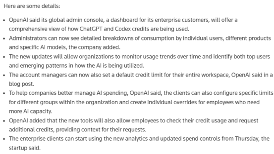 Bulleted summary of OpenAI's new ChatGPT Enterprise admin console features: consumption breakdowns by user, product and model, usage trend monitoring, default workspace credit limits, per-group limits, and employee credit requests.