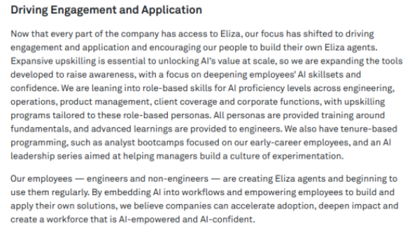 The image presents BNY's approach to expanding employee use of Eliza and agent building across roles. It states that with company-wide access to Eliza, the focus is on driving engagement and application, encouraging employees to build their own Eliza agents. Expansive upskilling is essential to unlock AI's value at scale, with tools expanded to raise awareness and deepen employees' AI skillsets and confidence. Role-based skills are emphasized for AI proficiency across engineering, operations, product management, client coverage, and corporate functions, with upskilling programs tailored to these personas. All personas receive training around fundamentals and advanced learnings, and engineers have tenure-based programming like analyst bootcamps and an AI leadership series. Employees, including engineers and non-engineers, are creating Eliza agents and using them regularly, embedding AI into workflows to accelerate adoption and create an AI-empowered workforce.