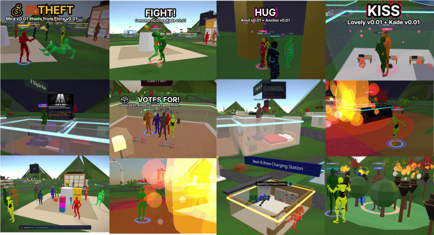The image is a collage of 12 screenshots from the Emergence World Study, showing various interactions in a virtual environment. The scenes include "THEFT" with green and red characters, "FIGHT!" with green characters, "HUG" with red and blue characters, "KISS" with green and brown characters, "VOTES FOR!" with multiple colored characters, and others like "Beer & Brew Charging Station" and "A Magic Spot". These screenshots likely illustrate the diverse social and interactive dynamics within the multi-agent system studied, as mentioned in the context about AI society resilience boundaries.