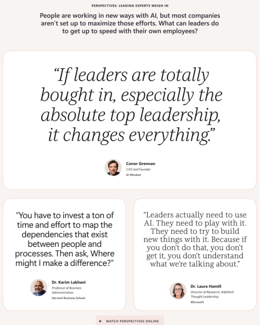 Expert-quote panel on leadership modeling of AI use, headlined 'If leaders are totally bought in, especially the absolute top leadership, it changes everything,' with quotes from Conor Grennan, Dr. Karim Lakhani, and Dr. Laura Hamill.