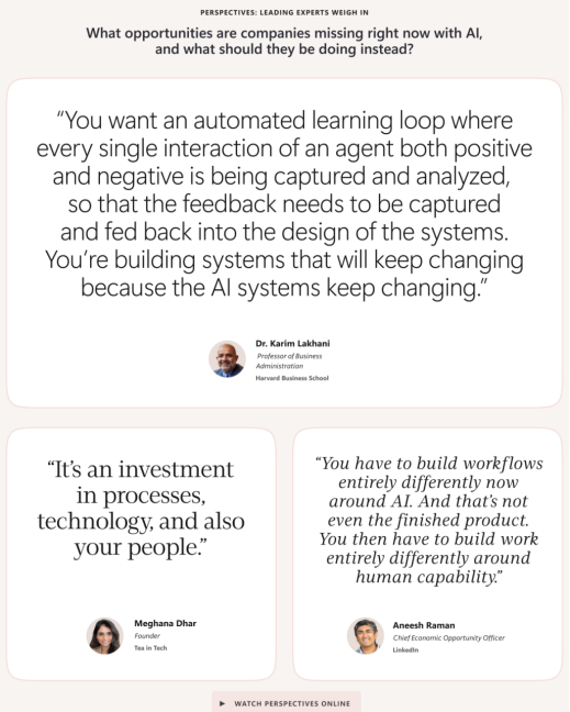 Expert-quote panel on automated learning loops, led by Dr. Karim Lakhani on capturing every agent interaction to feed system design, with quotes from Meghana Dhar and Aneesh Raman on rebuilding workflows around human capability.