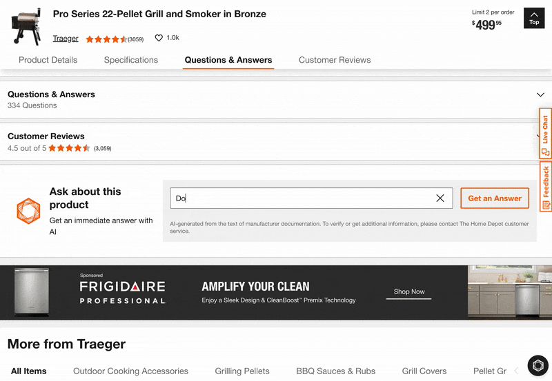 Animated Home Depot product page for a Traeger Pro Series pellet grill, showing the 'Ask about this product' box where a shopper types a question to get an AI-generated answer.