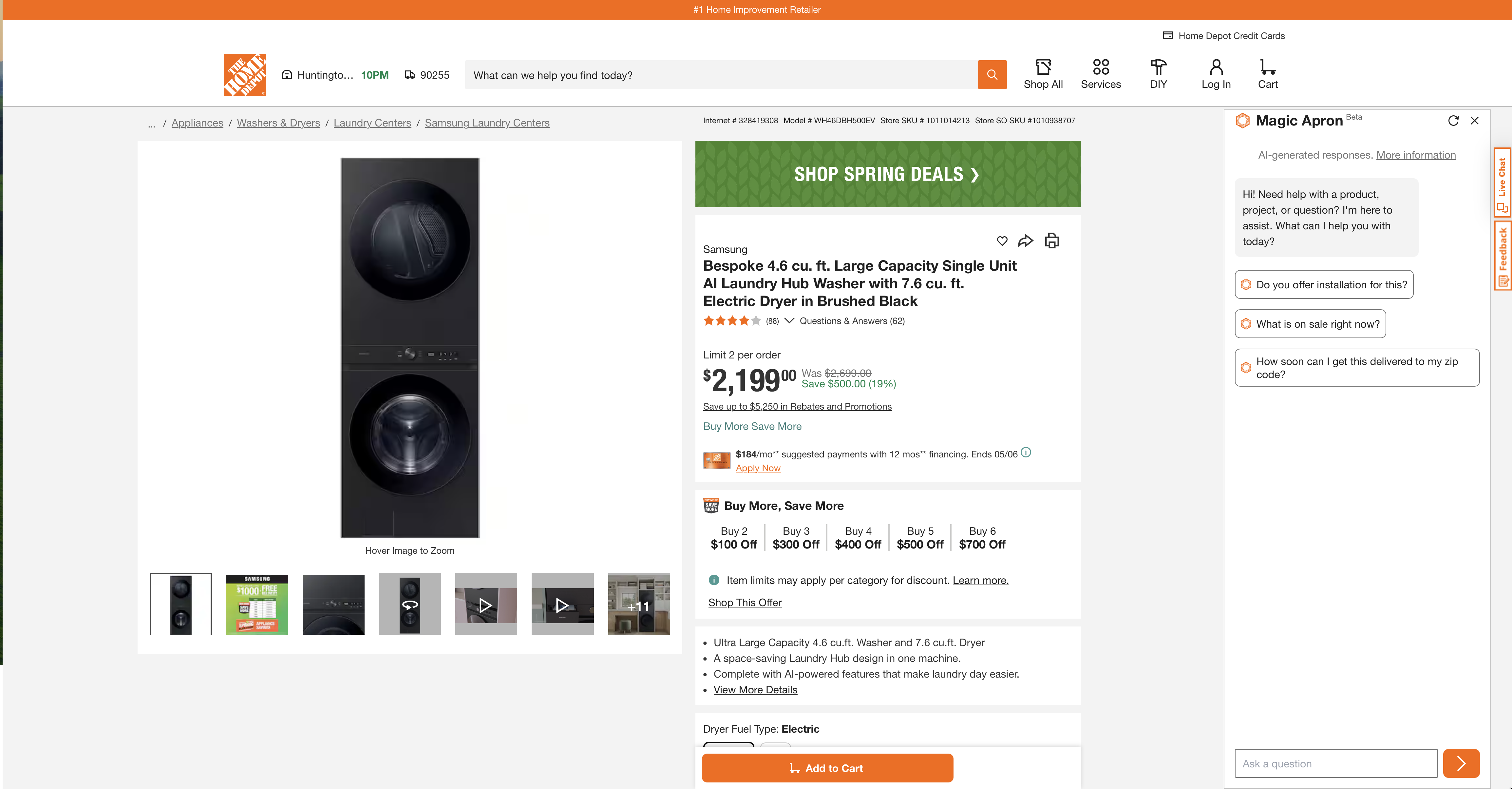 Home Depot product page for a Samsung Bespoke AI Laundry Hub washer-dryer with the Magic Apron (Beta) AI assistant panel open, showing a greeting and suggested questions.