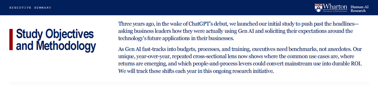 Header from Wharton Human-AI Research's report, 'Study Objectives and Methodology,' describing a year-over-year study of how business leaders actually use generative AI.