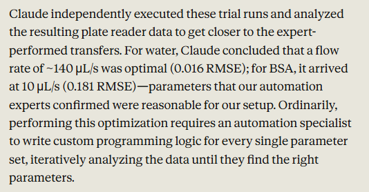 The image shows a text block discussing Claude's trial runs and parameter optimization. It states that Claude independently conducted trials, analyzed plate reader data, and determined an optimal flow rate of ~140μL/s for water with an RMSE of 0.016, and 10μL/s for the more viscous protein sample BSA with an RMSE of 0.181. Genentech’s laboratory automation experts confirmed these parameters as reasonable for their experimental setup. It also mentions that typically, such optimization requires an automation specialist to write custom programming logic for each parameter set, iteratively analyzing data until the right parameters are found.